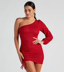 Knit Glittering Ruched Long Sleeves One Shoulder Short Bodycon Dress/Evening Dress/Party Dress