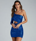 Knit Sequined Side Zipper Cutout Long Sleeves One Shoulder Short Bodycon Dress/Party Dress