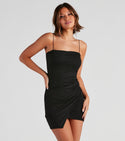 Ruched Fitted Wrap Glittering Short Knit Square Neck Sleeveless Spaghetti Strap Bodycon Dress/Little Black Dress/Party Dress