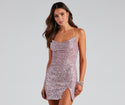 Cowl Neck Short Sleeveless Spaghetti Strap Slit Sequined Embroidered Knit Bodycon Dress/Party Dress With Rhinestones