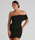 Knit Off the Shoulder One Shoulder Sheer Ruched Side Zipper Mesh Short Bodycon Dress