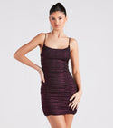 Glittering Ruched Scoop Neck Sleeveless Spaghetti Strap Knit Short Bodycon Dress/Party Dress