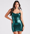 Sleeveless Spaghetti Strap Knit Short Sequined Sheer Cowl Neck Bodycon Dress/Party Dress