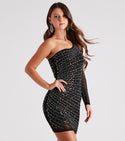 One Shoulder Knit Mesh Jeweled Sheer Fitted Short Bodycon Dress/Party Dress With Rhinestones