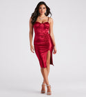 Back Zipper Ruched Slit Corset Waistline Sleeveless Spaghetti Strap Satin Sweetheart Bodycon Dress/Club Dress/Midi Dress