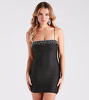 Short Square Neck Frill Trim Sleeveless Spaghetti Strap Bodycon Dress/Club Dress With Rhinestones