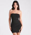 Strapless Pleated Faux Wrap Slit Crepe Bodycon Dress/Club Dress