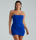 Cutout Mesh Ruched Knit Sleeveless Spaghetti Strap Short Square Neck Bodycon Dress/Club Dress/Party Dress With Rhinestones