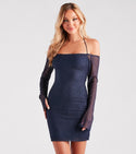 Knit Long Sleeves Off the Shoulder Spaghetti Strap Halter Self Tie Glittering Mesh Stretchy Sheer Bodycon Dress/Party Dress
