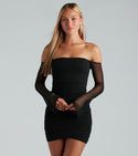 Ruched Mesh Sheer Crepe Short Long Sleeves Off the Shoulder Bodycon Dress