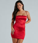 Satin Square Neck Spaghetti Strap Short Bodycon Dress With Rhinestones