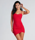 Ruched Glittering Sleeveless Spaghetti Strap Cowl Neck Knit Short Bodycon Dress/Party Dress