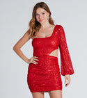 Square Neck Short One Shoulder Knit Ruched Cutout Asymmetric Sequined Bodycon Dress With Rhinestones