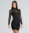 Short Mock Neck Sweetheart Knit Sheer Fitted Ruched Glittering Long Sleeves Bodycon Dress
