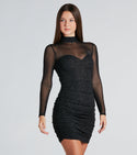 Glittering Sheer Fitted Ruched Long Sleeves Short Knit Mock Neck Sweetheart Bodycon Dress