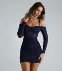 Sweetheart Short Long Sleeves Off the Shoulder Spaghetti Strap Knit Mesh Fitted Glittering Sheer Ruched Bodycon Dress/Club Dress/Party Dress
