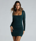 Knit Long Sleeves Fitted Glittering Ruched Sheer Mesh Short Square Neck Bodycon Dress