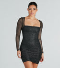 Knit Stretchy Mesh Fitted Ruched Button Closure Sheer Glittering Long Sleeves Square Neck Short Bodycon Dress