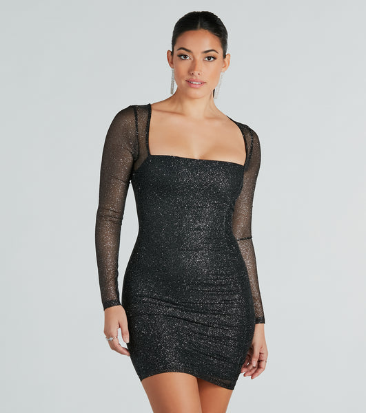 Glittering Stretchy Ruched Fitted Sheer Button Closure Mesh Short Knit Square Neck Long Sleeves Bodycon Dress