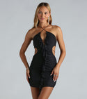 Sexy Knit Sleeveless Spaghetti Strap Short Cutout Sheer Mesh Halter Ruffle Trim Bodycon Dress