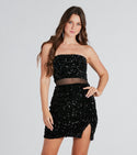 Sexy Strapless Short Mesh Sequined Sheer Slit Bodycon Dress