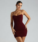 Short Spaghetti Strap Knit Lace-Up Mesh Ruched Sweetheart Bodycon Dress