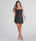 A-line Cowl Neck Knit Short Glittering Mesh Slit Dress With Rhinestones