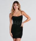 Short Spaghetti Strap Cowl Neck Trim Bodycon Dress With Rhinestones