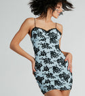 V-neck Floral Print Lace Trim Mesh Short Velvet Spaghetti Strap Bodycon Dress/Evening Dress With a Bow(s)