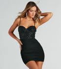Spaghetti Strap Short Sweetheart Sequined Ruched Mesh Bodycon Dress