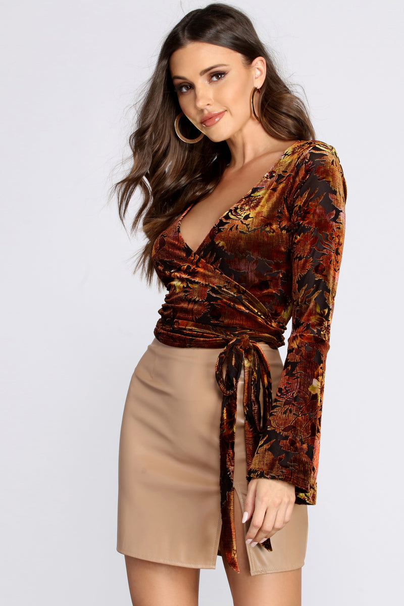 floral velvet burnout wrap dress