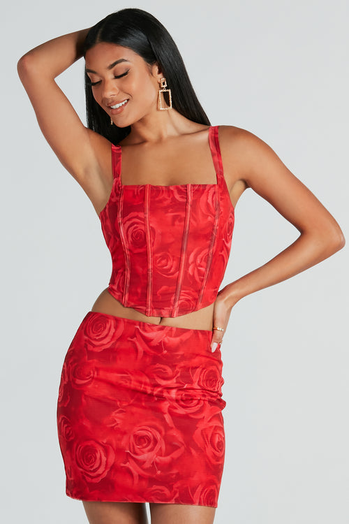 Chase Hearts Satin Mesh Bustier Crop Top in Red