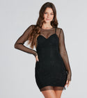 Crew Neck Long Sleeves Sheer Fitted Party Dress/Tunic With Rhinestones