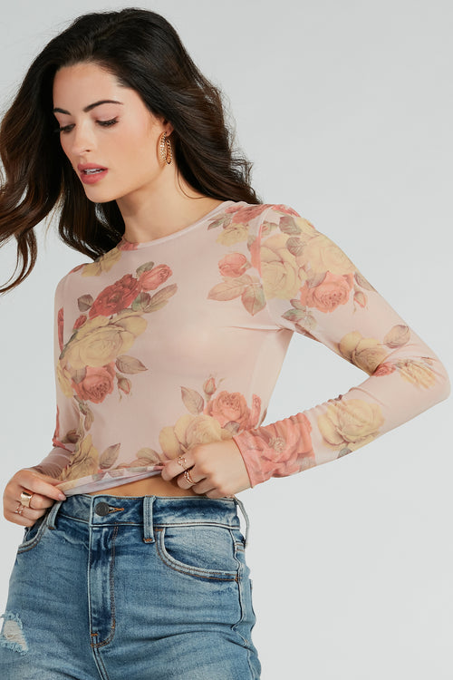 Women Flower Transparent Mesh Sheer Crop Top T-Shirt Blouse Tee Tops