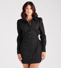 Self Tie Button Front Cutout Fitted Collared Long Sleeves Tunic