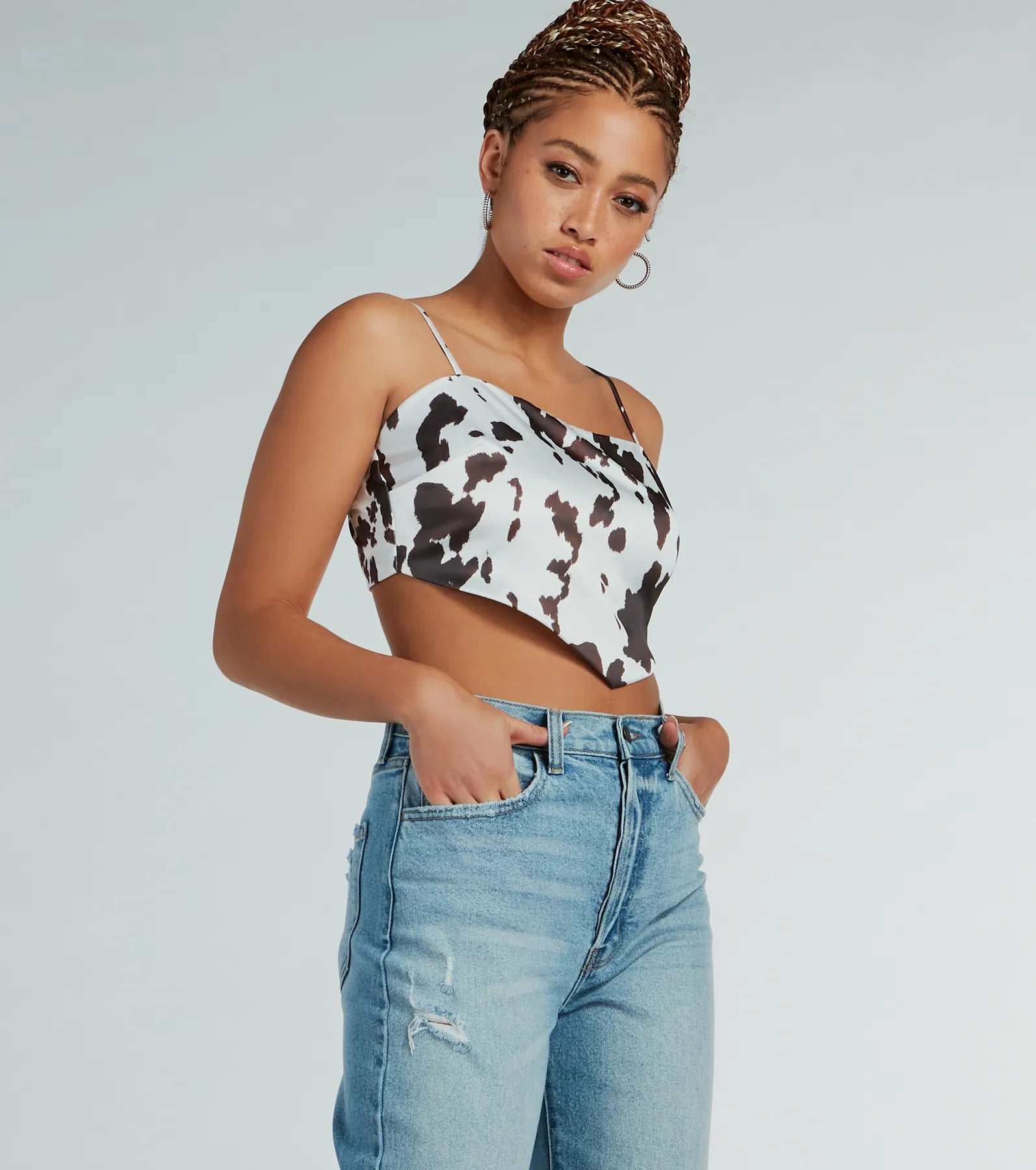 Country Chick Cow Print Satin Crop Top