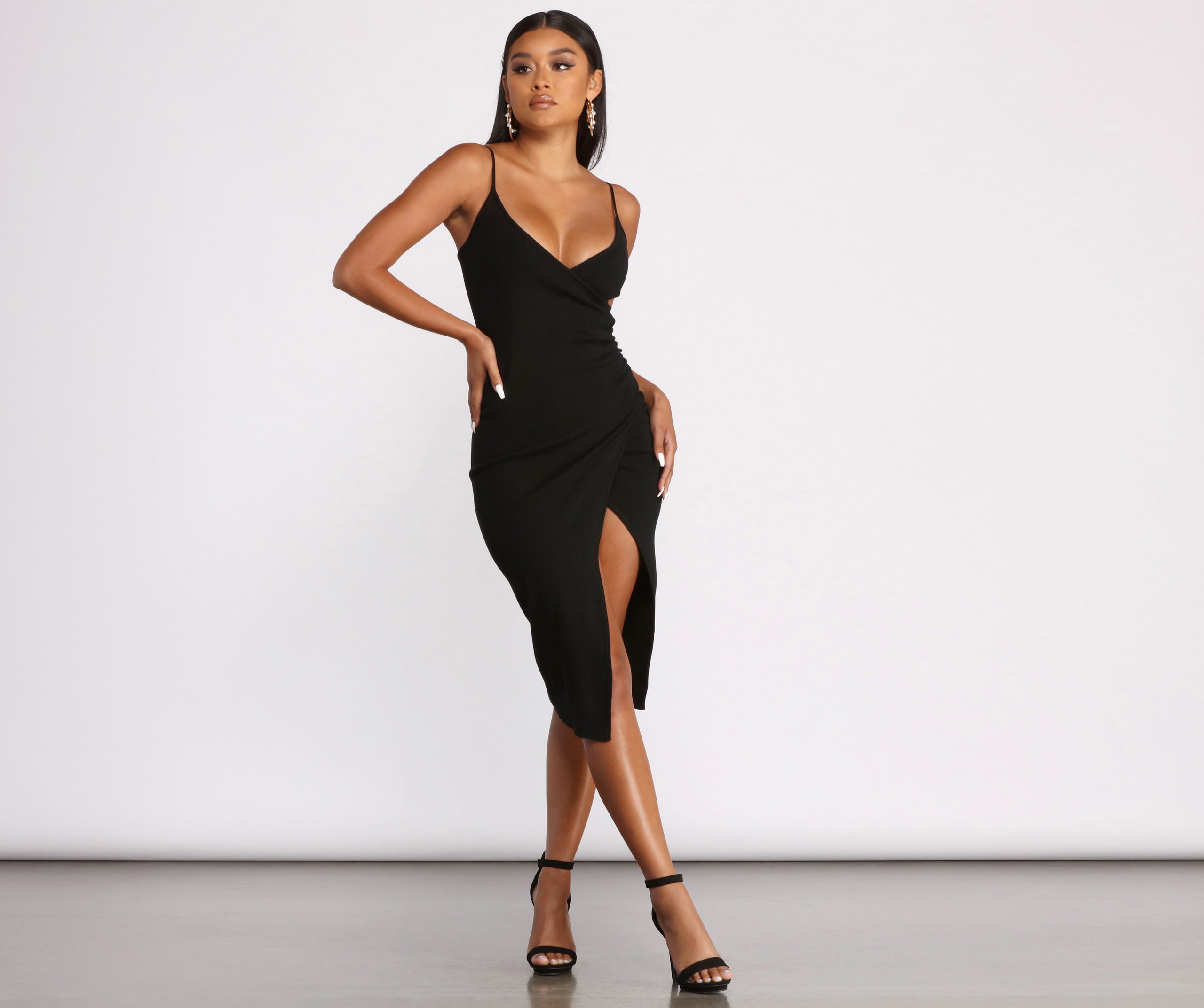 v neck ribbed midi dress