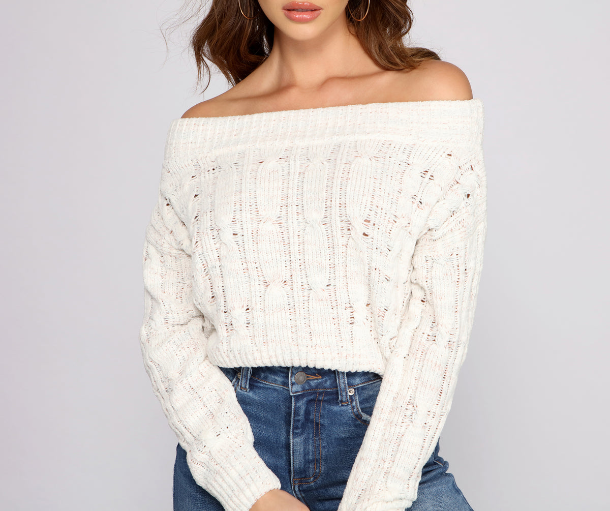 Cozy Off The Shoulder Cable Knit Sweater & Windsor