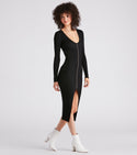 V-neck Slit Knit Plunging Neck Long Sleeves Sweater Bodycon Dress/Maxi Dress With Pearls