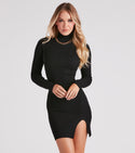 Short Fitted Slit Ribbed Knit Mock Neck Sweater Winter Dress