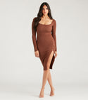 Long Sleeves Sweater Slit Ribbed Snap Closure Fitted Stretchy Scoop Neck Knit Bodycon Dress/Midi Dress