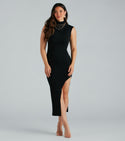 Knit Mock Neck Sleeveless Sweater Slit Bodycon Dress/Midi Dress