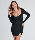 Girls Ribbed Fitted Slit Short Long Sleeves Knit Sweetheart Sweater Bodycon Dress