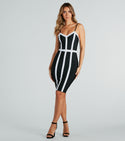 V-neck Striped Print Slit Spaghetti Strap Knit Bandage Dress/Bodycon Dress/Midi Dress