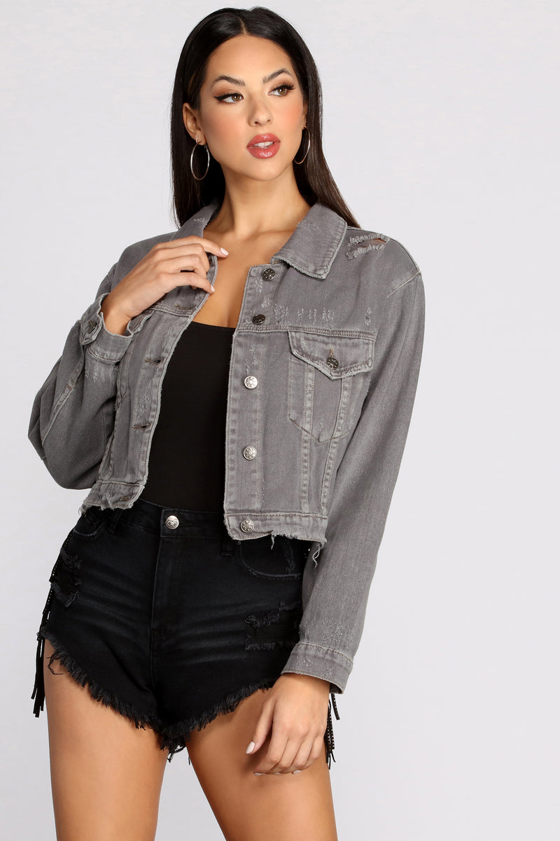 black cropped ripped denim jacket