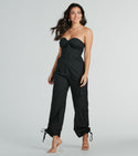 Strapless Sweetheart Corset Waistline Cotton Drawstring Pocketed Little Black Dress/Jumpsuit