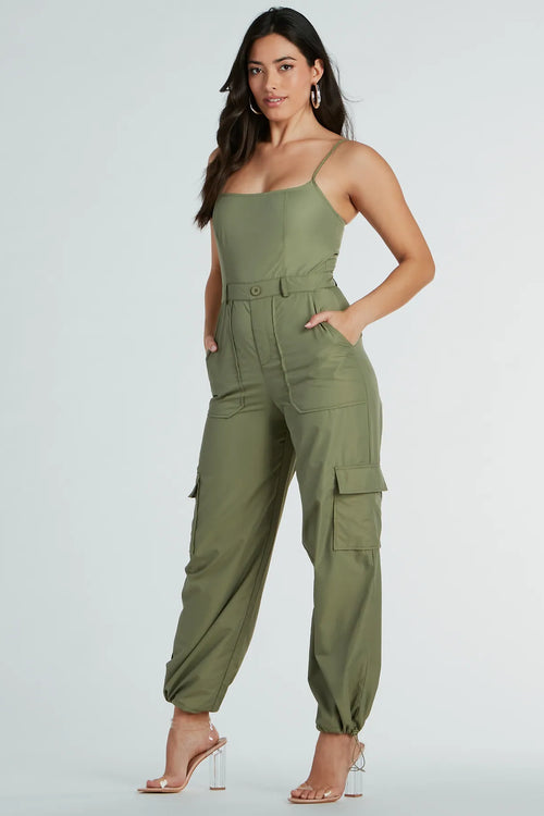 2023 Women's Short Sleeve Collared Cropped Coverall Button Down V-neck Tie  Waist Cotton Cargo Jumpsuit
