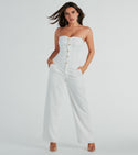 Strapless Linen Smocked Sweetheart Floor Length Fitted Pocketed Button Front Front Zipper Jumpsuit