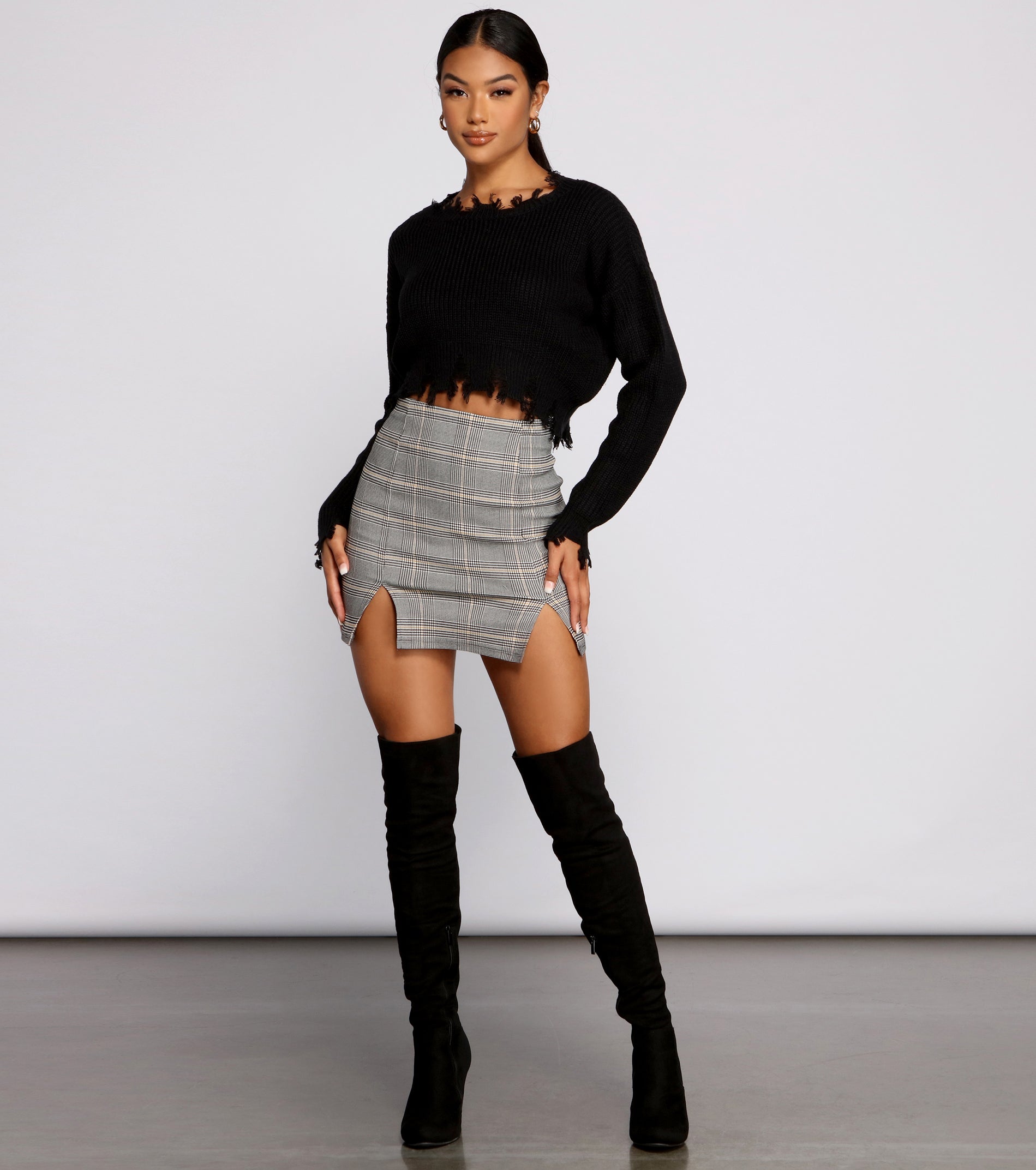 High Waist Double Slit Plaid Mini Skirt & Windsor