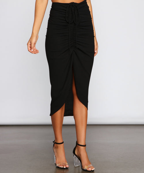 high waisted ruched midi skirt